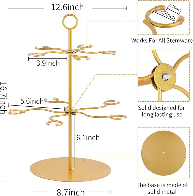 QPIX DIGITAL Champagne Tower,Metal Cocktail Tree Stand 2 Tier - 10 Holders For Champagne, Cocktails, Martini, Margarita Cups at Weddings,Bridal Parties & Events,Cocktail Glass Gold Holder