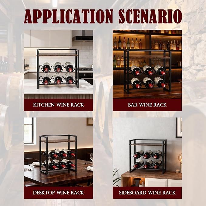 Double-tier wine rack. Tabletop wine rack. It adopts vinyl coating process to prevent scratches. It is an ideal storage rack for red wine and champagne. It is also an excellent gift for wine lovers