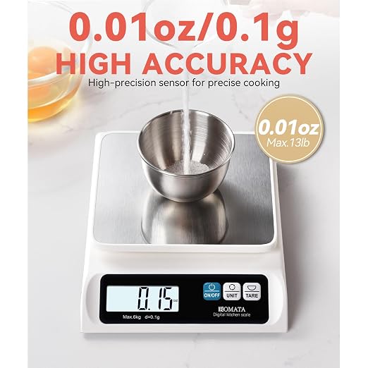 BOMATA 0.1g High Precision Food Scale, 13lb Digital Kitchen Scale with Removable Stainless Steel Pan, Backlit LCD Display, for Cooking, Baking B621 White