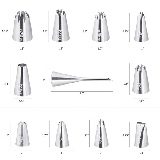 11 Pcs Extra Large Piping Tip Set,Stainless Steel Cake Decorating Icing Tips Nozzles,Professional Pastry Tips for Cupcake, Cookie and Puff
