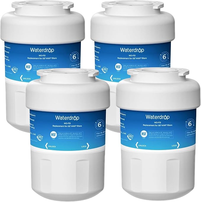 Waterdrop WD-F13 Refrigerator Water Filter Replacement for GE® MWF®, 4 Pack | Replacement for SmartWater® MWFP, MWFINT, MWFA, GWF, HDX FMG-1, Kenmore® 9991, GSE25GSHECSS, WFC1201