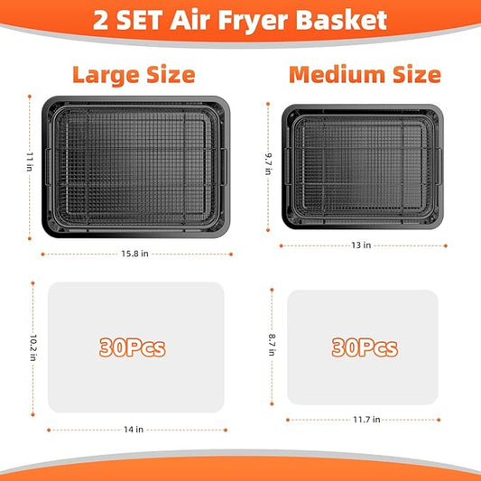 Air Fryer Basket, 2 Set Oven Air Fryer Basket and Tray with 60 PCS Parchment Papers, DEGOVIN Crisper Tray Non-stick Stainless Steel Air Fry Pans for Convection Oven(15.8" × 11" & 13" × 9.7"-Black)