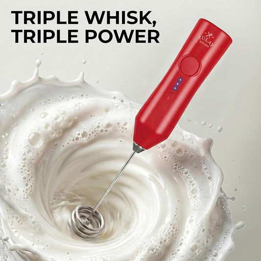 Zulay Kitchen Rechargeable Milk Frother Handheld - Frother Wand, Drink Mixer, Electric Whisk Frother, for Cappuccinos, Matcha & Protein Powder - Dynamic Triple Whisk, 3 Speed 500mAh Red