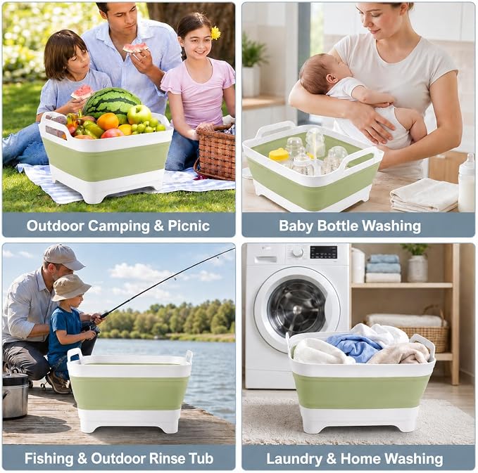 2.4 Gal(9L) Collapsible Dish Basin with Drain Plug, Space Saving Outdoor Multiuse Foldable Sink Tub, Dishpan, Kitchen Storage Tray for Camping, Vegetable Washing, RV (Green)