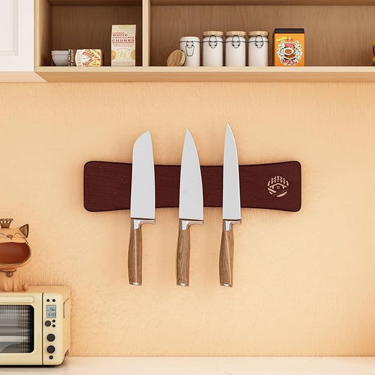 Magnetic Knife Holder for Wall 10 Inch, Premium Oak Wood Magnetic Knife Strip with N52 Strong Magnets, No Drilling Wooden Knife Rack Bar for Kitchen Knives & Tools(Black Walnut Color)
