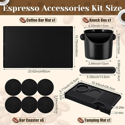 9 Pcs Espresso Knock Box Kit 23.6" x 15.8" Large Silicone Coffee Mat Espresso Tamping Mat with Coffee Station Organizer Removable Rod Coasters Under Machine Accessories Set for Home Barista