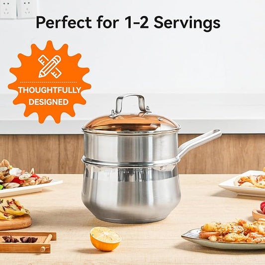 WANGYUANJI 2.5-Quart Stainless Steel Saucepan with Steamer Basket, 2-in-1 Pot & Steamer, Tri-Ply Base, Tempered Glass Lid, Induction Compatible
