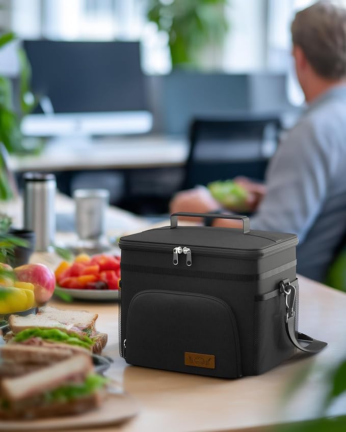HOTOR Insulated Lunch Box Men Women Leak-Proof Cooler Lunch Bag 9L | 4 Pockets, Adjustable Strap, Ideal for Work, Picnic, Travel, Camping, Gift, Black