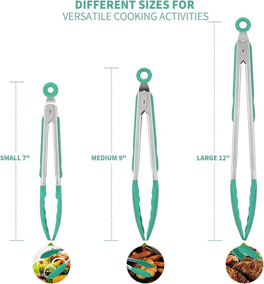 Kitchen Tongs, U-Taste 7/9/12 inches Cooking Tongs, with 600ºF High Heat-Resistant Non-Stick Silicone Tips, 18/8 Stainless Steel Handle, for Food Grill, Salad, BBQ, Frying, Serving, Pack of 3(Teal)