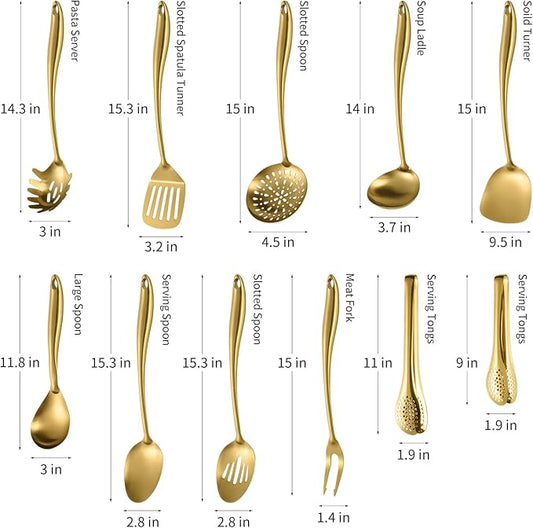 304 Stainless Steel Matte Kitchen Utensils Set, 11 Pcs Long Metal Cooking Utensils Set, Gold Cooking Utensils Set, Dishwasher Safe