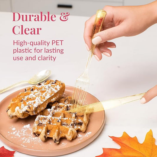 Prestee 180 Gold Glitter Plastic Silverware Cutlery Set - Gold Plastic Silverware Disposable Flatware with 60 Forks, 60 Spoons, 60 Knives - Suitable for Parties, Fancy Party Utensils