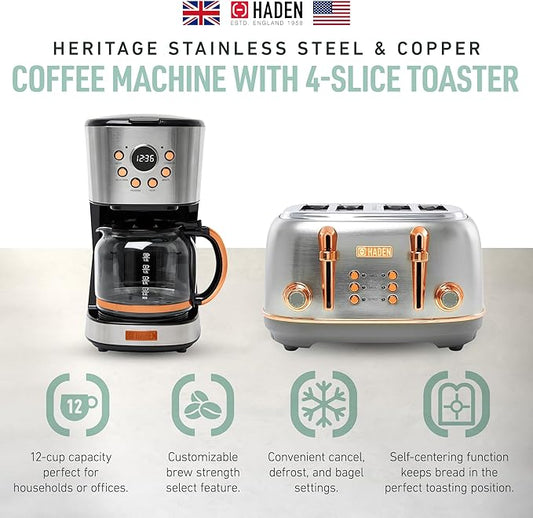 Haden Heritage 4 Slice Wide Slot Stainless Steel Toaster Bundled with 12 Cup Programmable Drip Coffee Maker Coffee Machine, Steel & Copper