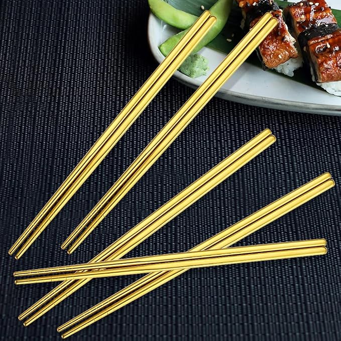 Gold Stainless Steel Chopsticks Set 10 Pairs Reusable Metal Chop Sticks for Japanese Chinese Korean Cuisine Premium Tableware Gift Set Dishwasher Safe Eating Utensils Lightweight Durable