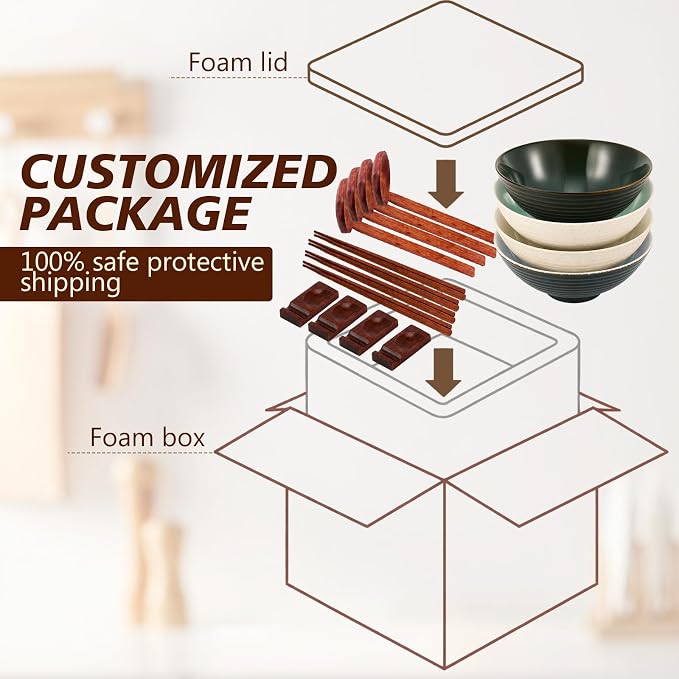 Geiserailie 40oz Ceramic Japanese Ramen Bowls Set of 4, 8 Inch Deep Asian Pho Udon Soup Noodle Bowls with Chopsticks, Spoons & Chopstick Rest -Microwave & Dishwasher Safe(Nordic Minimal)