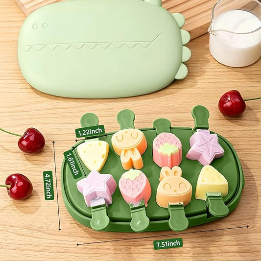 2 Pack Silicone Popsicle Mold, Fun Shaped Dinosaur Popsicle Silicone Molds with 16 Sticks, Reusable Small Mini Ice Popsicle Molds Set, Easy to Clean and Dishwasher Safe (Green)