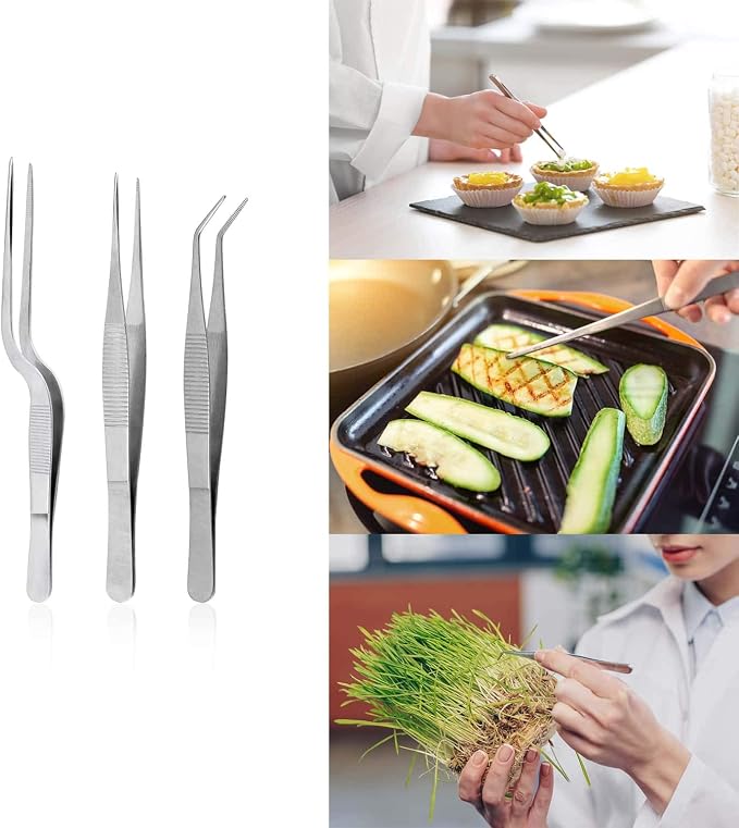Cridoz 6 Pcs Stainless Steel Kitchen Cooking Tweezers Precision Tongs Drawing Spoons Offset Spatula for Food Culinary Plating Decorating