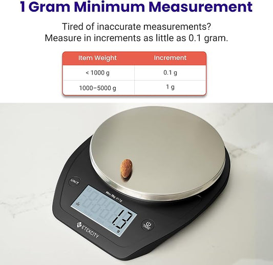 Etekcity 0.1g Food Scale, Bowl, Digital Grams and Ounces for Weight Loss, Dieting, Baking, Cooking, and Meal Prep, 11lb/5kg, Stainless Steel Black | 11lb/5kg capacity with tare, removable bowl, ideal for baking, coffee, meal prep and portion control, S...