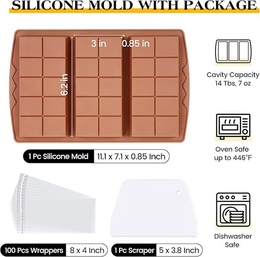 1 Pc Chocolate Bar Mold Deep Large Chocolate Molds Silicone Break Apart Thick Silicone Molds for Candy Bar, With 100 Pcs Bags and 1 Pc Scraper Set (10 Snap)