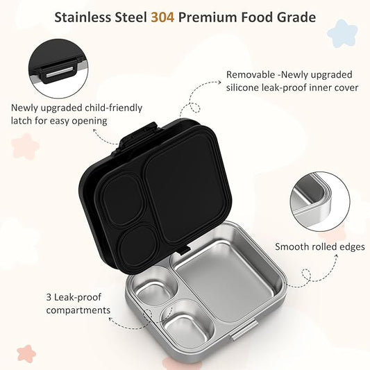 Stainless Steel Bento Box Kids, Leak Proof Metal Bento Lunch Box,3 Compartments 304 Stainless Steel Bento Lunch Containers for School and Office, BPA-Free(Black)