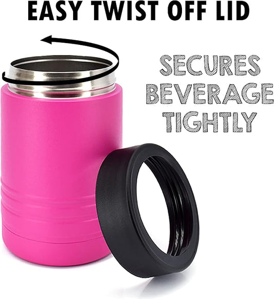 4-in-1 Stainless Steel 12 oz Double Wall Vacuum Insulated Can or Bottle Cooler Keeps Beverage Cold for Hours - Also Fits 16 oz Cans - Powder Coated Pink - Clear Water Home Goods