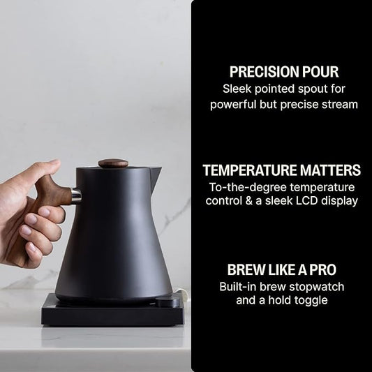 Fellow Corvo EKG Electric Tea Kettle - Electric Pour Over Coffee and Tea Pot-Quick Heating Electric Kettles-Temperature Control & Built-In Brew Timer-Matte Black with Walnut Handle-0.9 Liter