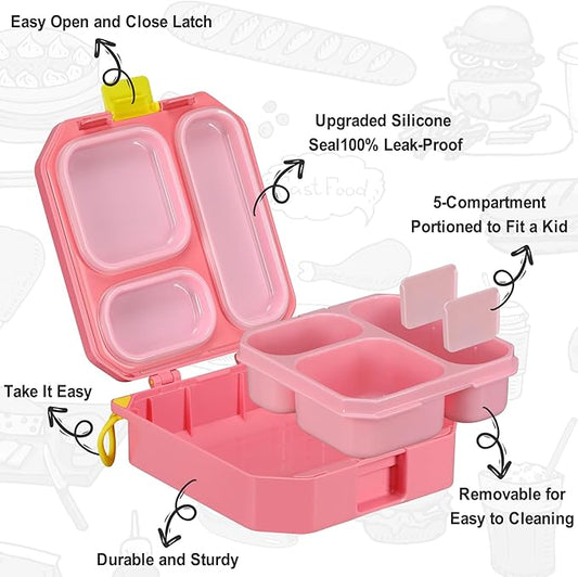 Itslife Bento Lunch Box Set for Kids with 12oz Soup Thermo&Lunch Bag, Leak-Proof Lunch Food Containers for Kids School, 5 Compartment, Sauce Cup, 10 Notes (Unicorn Pink)