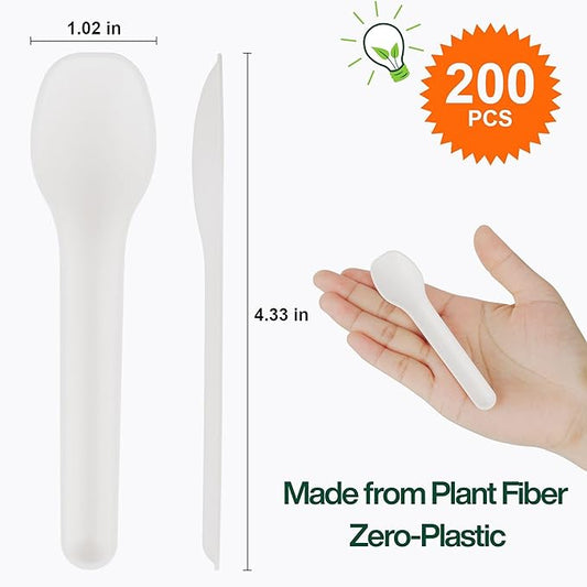 200 Count Compostable Spoons, 4.3 Inch Biodegradable Plant Fiber Disposable Cutlery, Eco Friendly, Home Compostable, Bulk Pack for Parties, Catering, Coffee, Desserts & Everyday Use
