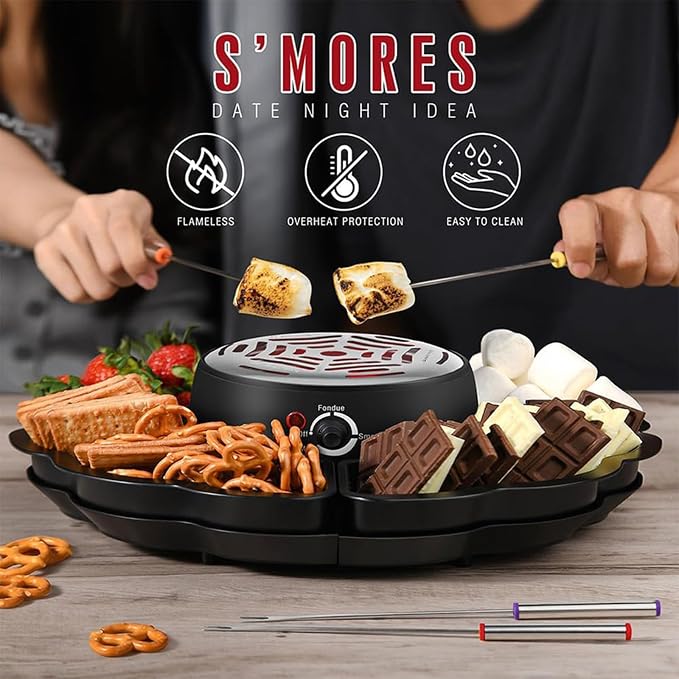2-in-1 S’mores Maker & Fondue Set, Indoor Tabletop Marshmallow Roaster with Temperature Control, 4 Detachable Trays, 4 Forks and Heated Bowl, Movie Night Supplies & Housewarming Gifts