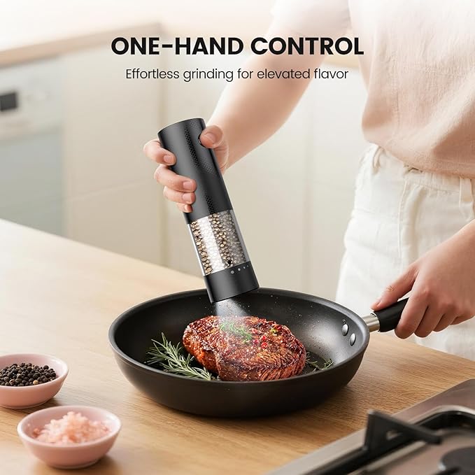 Electric Salt and Pepper Grinder Set - Rechargeable Automatic Salt and Pepper Shakers, Kitchen Appliances with External Adjustable Coarseness, Larger Hopper for Cooking, Home Gifts(2 Pack,Black/Black)
