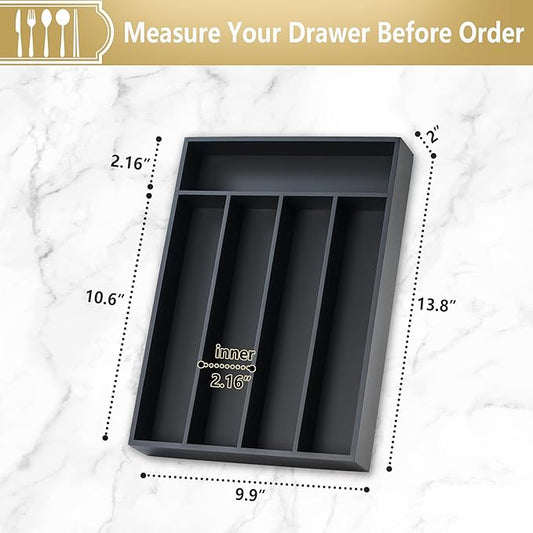 Silverware Organizer, 10 Inch Utensil Organizer Kitchen Drawer Organizer Bamboo Silverware Holder Cutlery Tray Organizer in Drawer Flatware Organizer Tray(5 slots, Black)