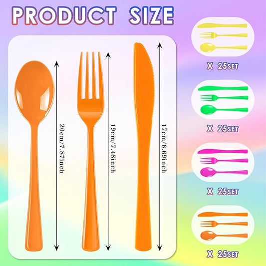 300 Pack Neon Party Disposable Plastic Silverware Heavy Duty, Plastic Cutlery Set, Forks and Spoons Knives Set for Birthday Party Prom Night, Weddings(Orange,Green, Hot Pink, Yellow Colors)
