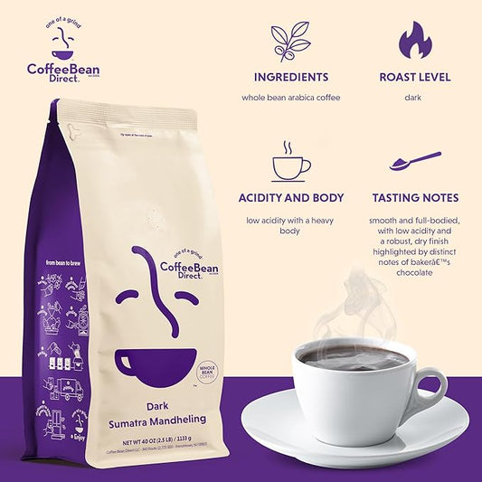 Coffee Bean Direct Dark Sumatra Mandheling, Whole Bean Coffee, Arabica Coffee, Dark Roast, 2.5 Pound Bag (Pack of 1)