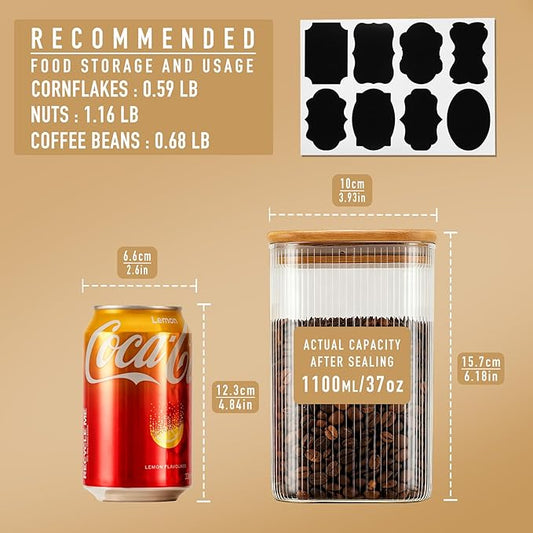 37oz Airtight Glass Square Storage Canisters with Bamboo Lids Set of 6 (1100ml) Striped Stackable Containers, Kitchen Jars for Pantry Noodles, Flour and Coffee beans (with Black Lable)
