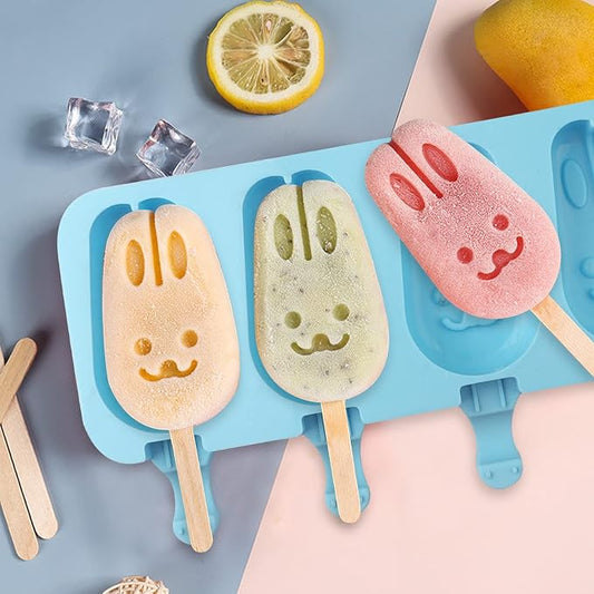 Popsicle Silicone Molds, Homemade Ice Cream 7-Cavity Cartoon Bunny Cake Decorating Fondant Molds 2Pcs, BPA Free and Reusable Cute Bunny Popsicle Molds with 50 Wooden Sticks