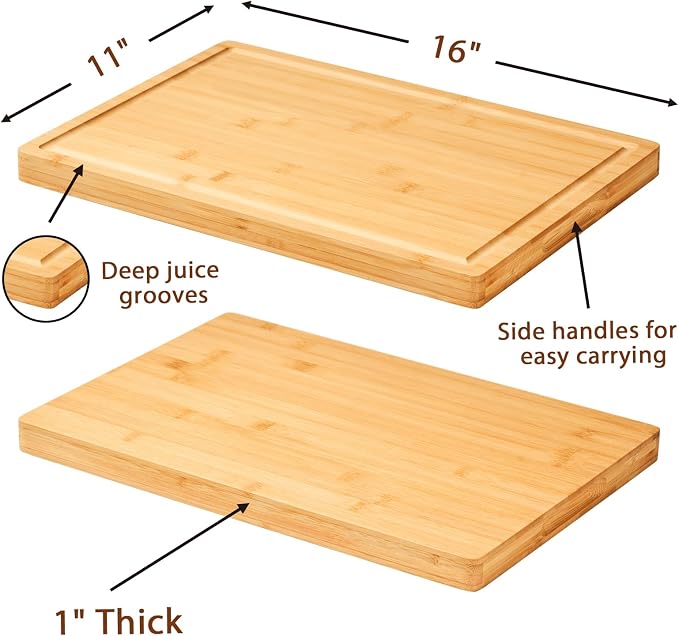 Allsum Bamboo Wood Cutting Boards for Kitchen, 1" Extra Thick Butcher Block with Juice Grooves & Handles Resisting to Warping and Cracking, Fancy Charcuterie Boards, 16"L x 11"W