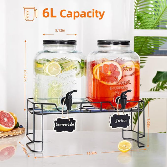 FavorFlavor 1.5 Gallon Drink Dispenser : 2P Glass Dispenser w/Metal Stand | Stainless Steel Spigot-Large Dispenser for Lemonade/Juice/Sun Tea/Drinks-Ideal for Home Gatherings&Parties
