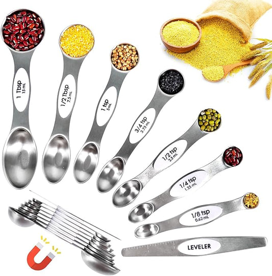 18-Pc Magnetic Measuring Cups and Spoons Set, with Lid, White | Includes 1 cover, 9 stackable cups set & 8 magnetic spoons, BPA-free & dishwasher safe, for liquid and dry baking