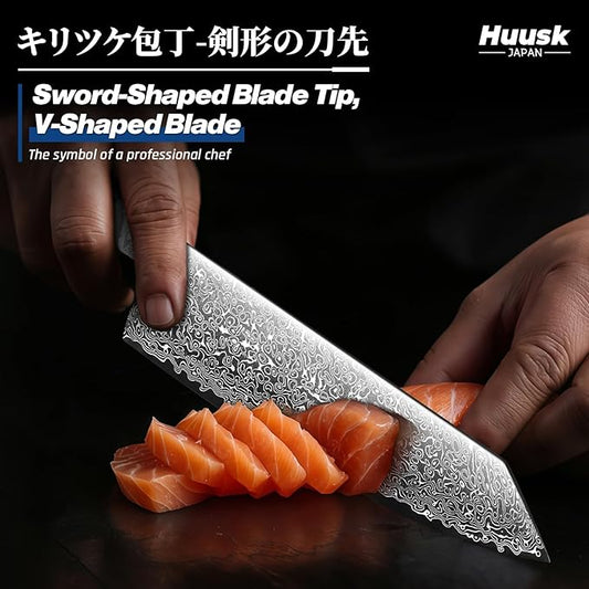 Huusk Damascus Kiritsuke Knife 8 inch - Japanese Knives with Wooden Handle, Hand Forged Chef Knives for Home Use, Razor Sharp Cooking Knife, Birthday Gift for Men