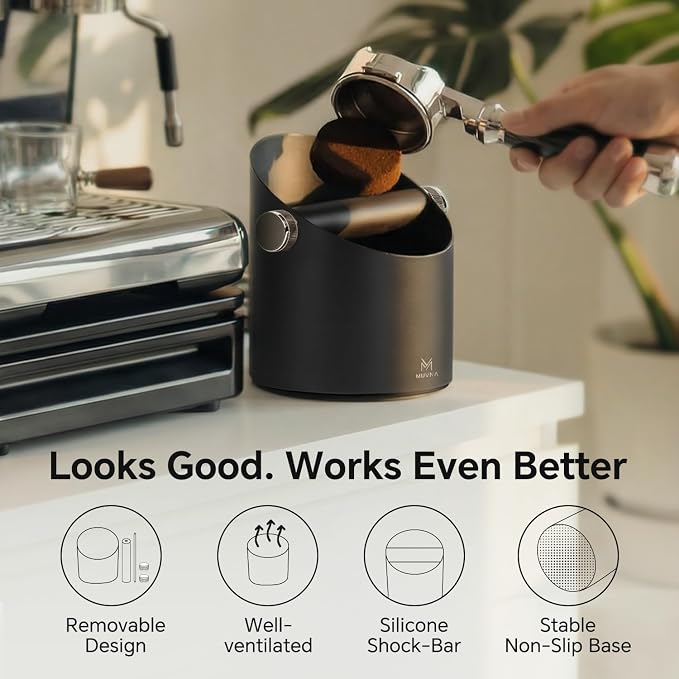 Espresso Knock Box – 20 Pucks Capacity Coffee Grounds Bin, Silent Removable Silicone Bar & Non-Slip Base, Slanted-Mouth Waste Bin For Home Baristas, Espresso Machines Accessories, Deep Black