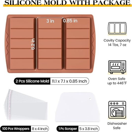 2 Pcs Chocolate Bar Molds Deep Large Chocolate Molds Silicone Break Apart Thick Silicone Molds for Candy Bar, With 100 Pcs Bags and 1 Pc Scraper Set (5 Snap)