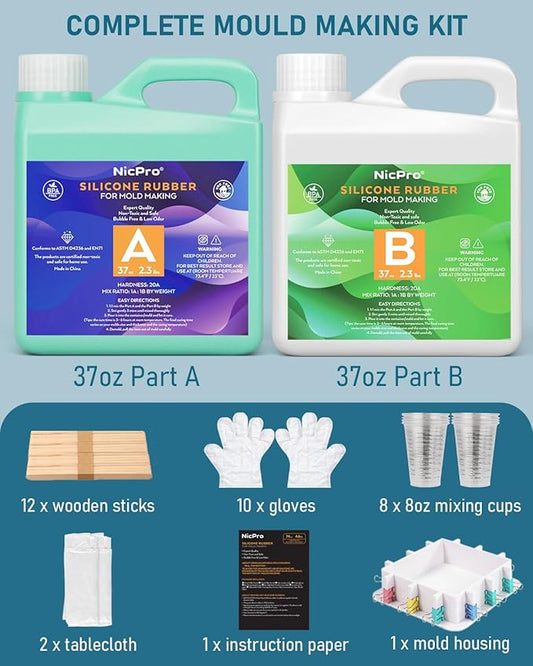 Nicpro 74oz Silicone Mold Making Kit, 20A Platinum Liquid Silicone Rubber, Jade Green Flexible, Silicone Molds Maker Mix Ratio 1:1 for Casting 3D Resins Molds DIY with Molds Housing, Mixing Cups