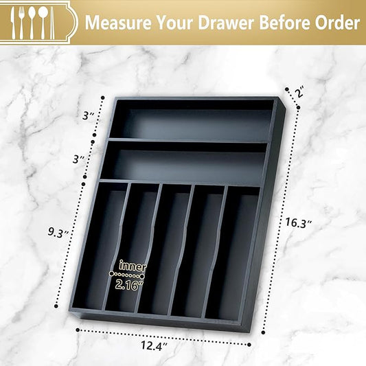 Silverware Organizer, 12.5 Inch Utensil Organizer Kitchen Drawer Organizer Bamboo Silverware Holder Cutlery Tray Organizer in Drawer Flatware Organizer Tray(7 slots, Black)