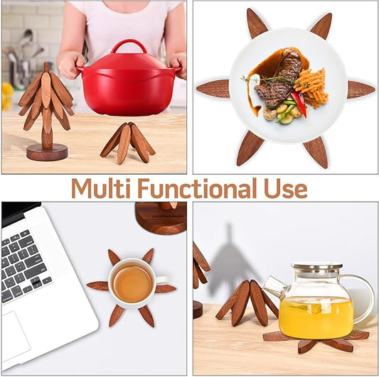 Trivets for Hot Dishes,Tree Shape Trivet Set,4 Wooden Trivets + 1 Stand, Heat-Resistant Foldable Wooden Tree Trivet Set for Pot、Bowl、Teapot、Hot Pot Holder