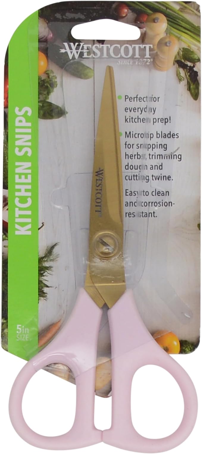 Westcott All-Purpose Kitchen Snips for Herbs, Pink with Gold Blade - Precision-Ground Blades, Durable Design, Ideal Kitchen Scissors for Everyday Tasks, 5-Inch