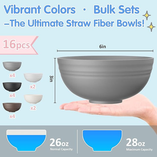 Quatish 16 PCS Unbreakable Cereal Bowls,Dishwasher & Microwave Safe Wheat Straw Bowls, Easy-to-Clean Lightweight Snack & Soup Bowl,Multi-Color Portable for Picnics Plastic Bowls Set, Brown
