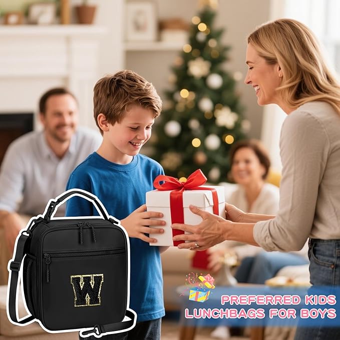 Initial Insulated Lunch Bag for Boys Kids, Back to School Gift, Reusable Leak-proof Lunch Box with Adjustable Strap for School Daycare Travel Picnic(Black,W)