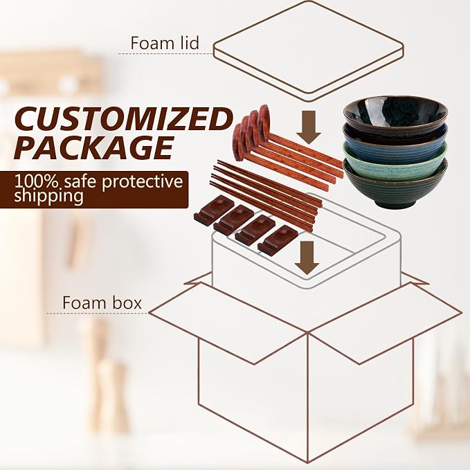 Geiserailie 40oz Ceramic Japanese Ramen Bowls Set of 4, 8 Inch Deep Asian Pho Udon Soup Noodle Bowls with Chopsticks, Spoons & Chopstick Rest -Microwave & Dishwasher Safe(Peacock Green)