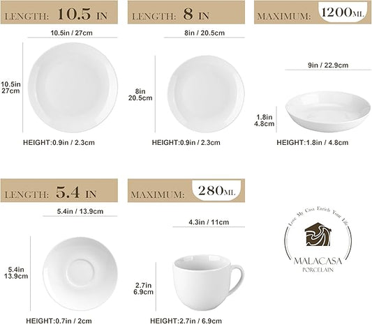 MALACASA 30-Piece Gourmet Porcelain Dinnerware Sets, Modern White Round Dish Set for 6 - Premium Serving Plates and Bowls Sets for Dessert, Salad, Soup, Pasta - Series AMELIA