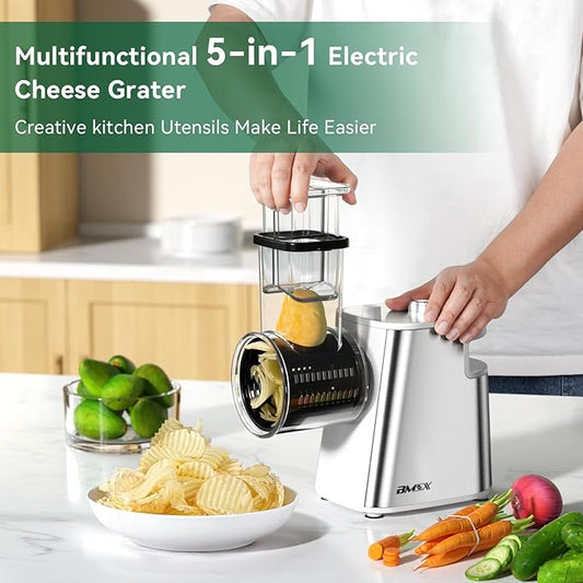 Electric Cheese Grater Upgraded, 250W Electric Slicer Shredder, Automatic Cheese Shredder, Electric Salad Machine for Fruits, Vegetables, Cheeses,Salad Maker With 5 Different Shapes of Blades