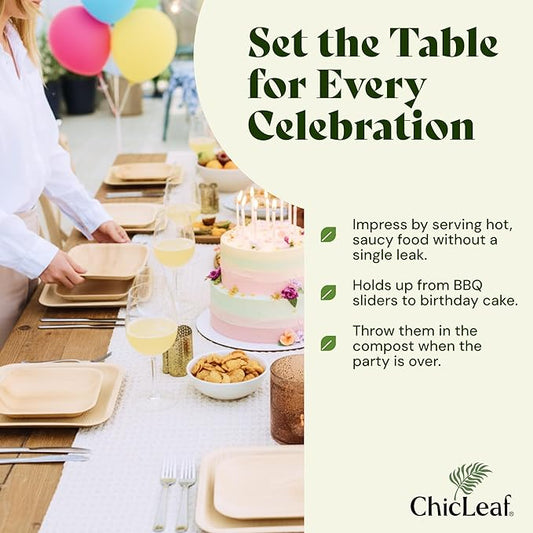 Chic Leaf Compostable & Biodegradable Palm Leaf Disposable Bamboo Plates - Disposable Party Plates for Appetizers - Party Supplies (4'' - 50 Pack)
